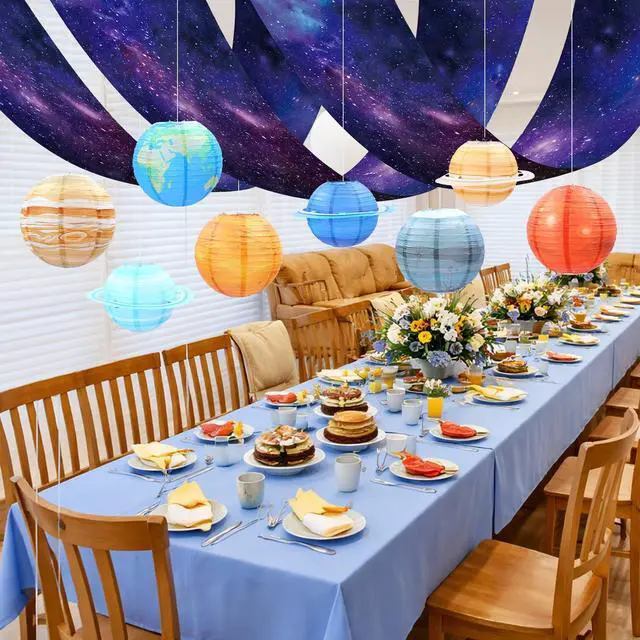 Alt view image 6 of 7 - 13 Pcs Space Ceiling Decoration for Classroom, 12" x 2 ft Galaxy Hanging Backdrop 8 Solar System Paper Lanterns & Star Foil Fringe Curtains Ornament for Vbs Back to School Party Decor