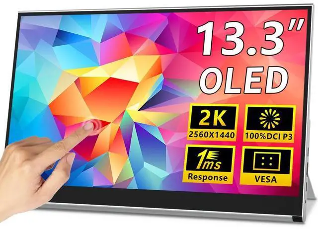 Main image of OLED Portable Touch Monitor 13.3" 2K for Laptop/PC External Display | 100% DCI-P3, 10-Bit Color, 1ms, Ultra-Slim w/Kickstand, USB-C & HDMI