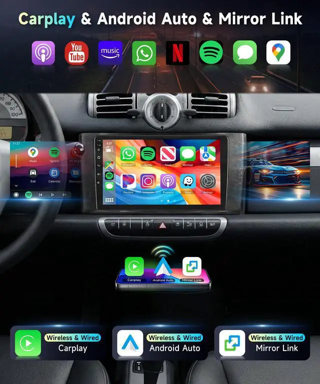 Alt view image 3 of 7 - 5Ghz WiFi Car Radio Stereo for Mercedes Benz Smart Fortwo 2011-2015, 9" Touch Screen/Android 15/Wireless CarPlay/Android Auto/DSP EQ/GPS Navigation/Bluetooth/FM/RDS/SWC/HD Backup Camera 2+64G