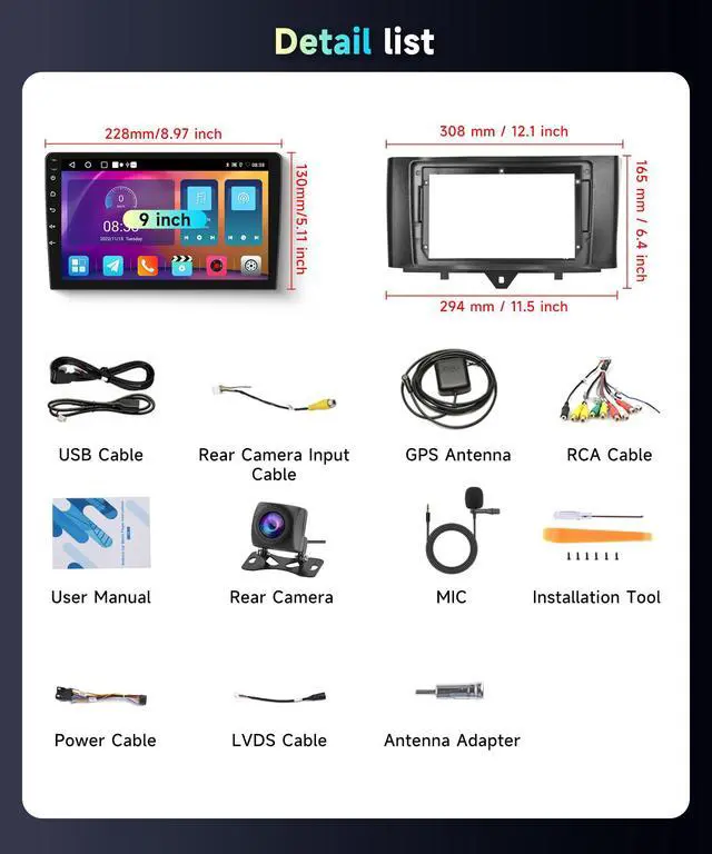Alt view image 7 of 7 - 5Ghz WiFi Car Radio Stereo for Mercedes Benz Smart Fortwo 2011-2015, 9" Touch Screen/Android 15/Wireless CarPlay/Android Auto/DSP EQ/GPS Navigation/Bluetooth/FM/RDS/SWC/HD Backup Camera 2+64G