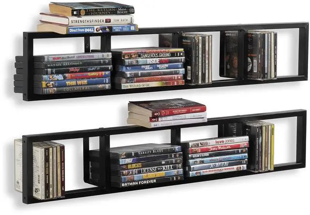 Main image of Wall Mount 34 Inch Media Storage Rack CD DVD Organizer Metal Floating Shelf Set of 2 Black