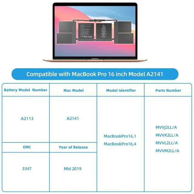 Alt view image 3 of 6 - A2141 Battery Replacement, A2113 Battery for MacBook Pro 16 inch 2019 Released Model A2141 EMC 3347 Model Identifier MacBookPro16,1 & MacBookPro16,4 Capacity 11.36V 99.8Wh 8790mAh