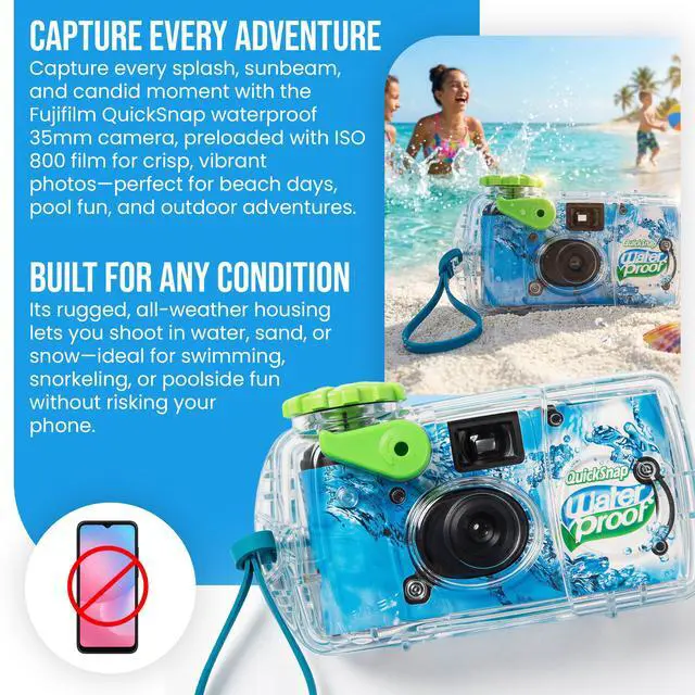 Alt view image 2 of 7 - QuickSnap Waterproof - 35mm Disposable Camera - 27 Exposures with 100 Moshify 4x6 Ultra Clear Acid Free Photo Sleeves - ISO 800 Film for Beach Pool and Underwater Photography up to 35ft