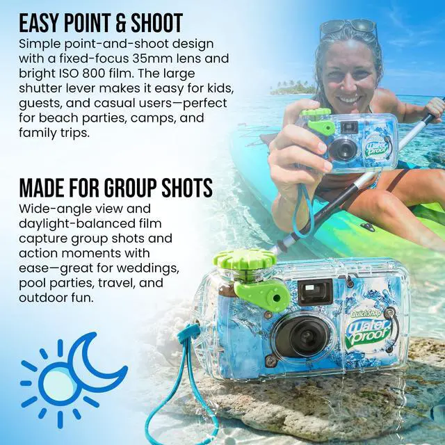 Alt view image 3 of 7 - QuickSnap Waterproof - 35mm Disposable Camera - 27 Exposures with 100 Moshify 4x6 Ultra Clear Acid Free Photo Sleeves - ISO 800 Film for Beach Pool and Underwater Photography up to 35ft