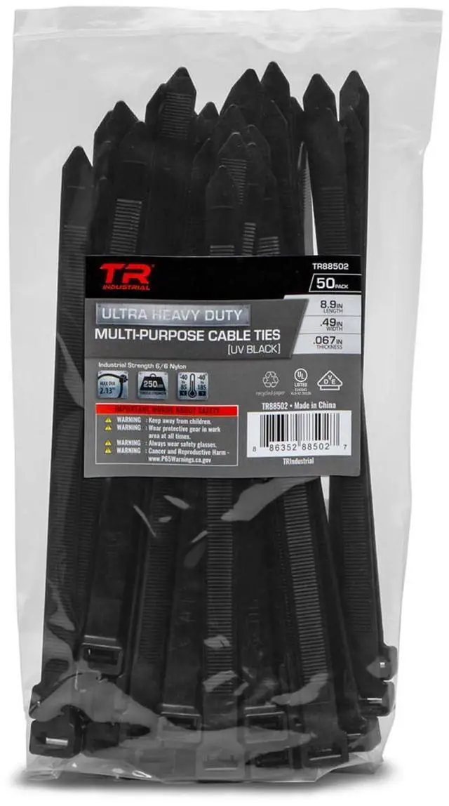 Main image of Ultra Heavy Duty Multi-Purpose UV Cable Ties (50-Piece), 250 lbs. Tensile Strength, 8.9", Black