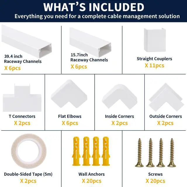 Alt view image 3 of 7 - 330 Inch Cord Cover Raceway Kit 6 Long 6 Short Cable Hider Paintable | White Cable Raceway, Wall Mount TV Wire Cover with 39.4 & 15.7in Channels, Easy Install Cord Concealer for Home Office