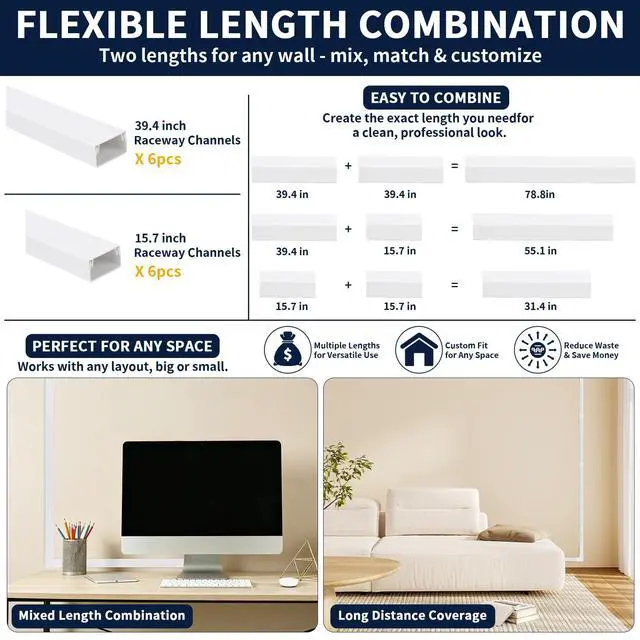 Alt view image 4 of 7 - 330 Inch Cord Cover Raceway Kit 6 Long 6 Short Cable Hider Paintable | White Cable Raceway, Wall Mount TV Wire Cover with 39.4 & 15.7in Channels, Easy Install Cord Concealer for Home Office