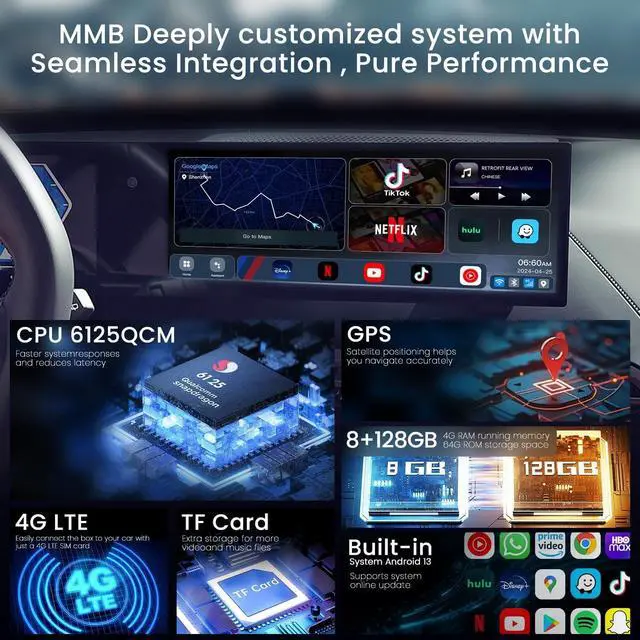 Alt view image 6 of 7 - Carplay Ai Box, CarPlay & Android Auto Wireless, 3 in 1, 8Core, 8GB+128GB, Android CarPlay Box with Built-in 4G, Wi-Fi, Bluetooth, USB, Built-in GPS, microSD Playback, Micro-HDMI