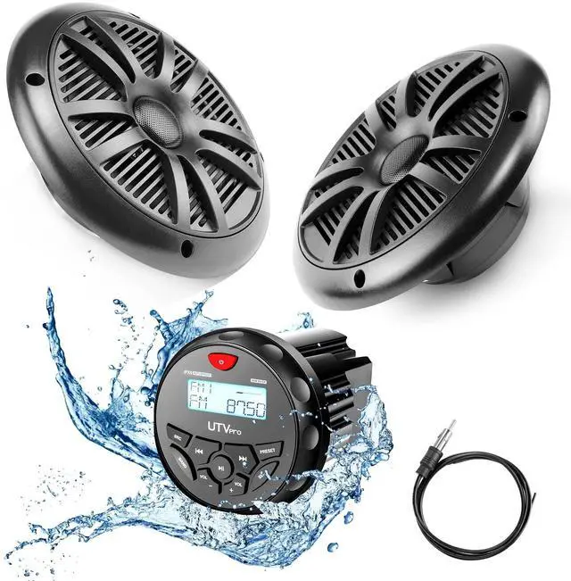 Main image of Marine Audio System Stereo Speaker Package, Bluetooth, MP3 USB AM FM Marine Stereo - 2 x 6.5 Inch Black Speakers, Antenna