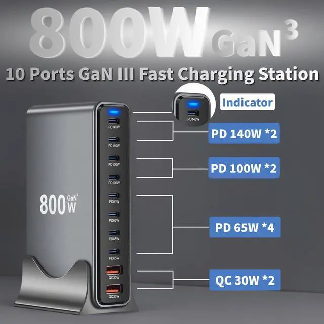 Alt view image 2 of 7 - 800W USB C Fast Charger Block, 10 Ports GaN III USB Chagring Station, Dual 140W PD PPS HUB for Multiple Devices, Laptop Adapter Compatible with MacBook Pro/Air iPad iPhone Pro Max, Galaxy, Dell, HP