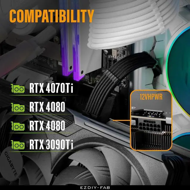Alt view image 6 of 7 - 12VHPWR PSU Sleeved Cable, 12V-2x6, 600W Support, 60cm, Black | 12+4 Pin Male-Male, Direct PSU-to-GPU, 16AWG GPU Power Cable, Cable Combs Included, Clean Cable Routing, RTX 40/50 Series