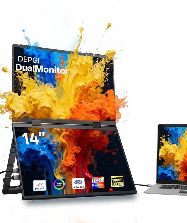 Main image of 14" Dual Portable Laptop Screen Extender, Stacked Dual Portable Monitor for 13"-16" Laptops, Foldable Triple Screen with 30W PD Adapter, USB-C One-Cable Plug & Play for MacBook, Windows