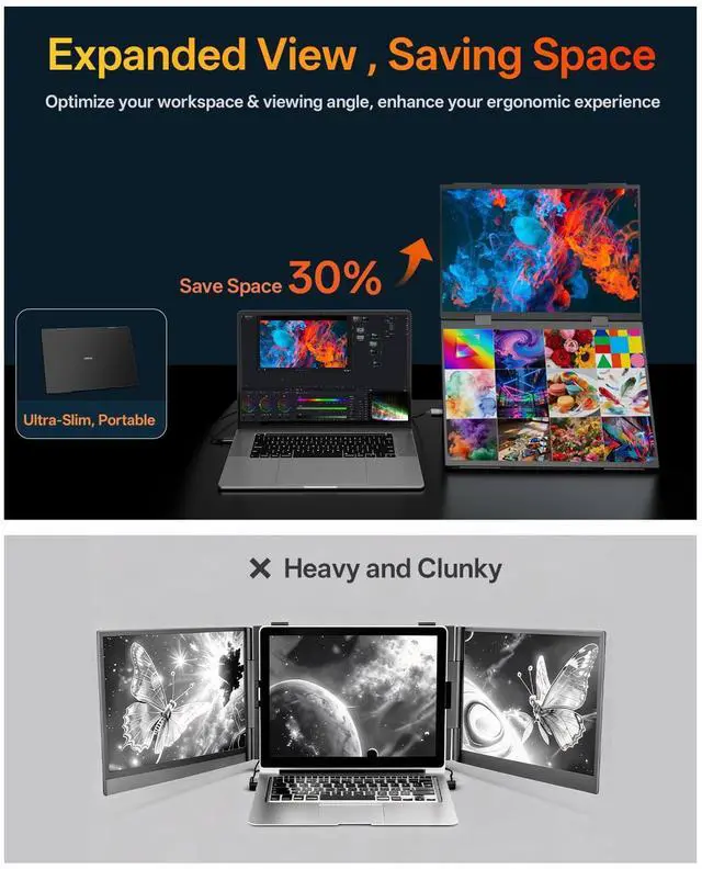 Alt view image 2 of 7 - 14" Dual Portable Laptop Screen Extender, Stacked Dual Portable Monitor for 13"-16" Laptops, Foldable Triple Screen with 30W PD Adapter, USB-C One-Cable Plug & Play for MacBook, Windows