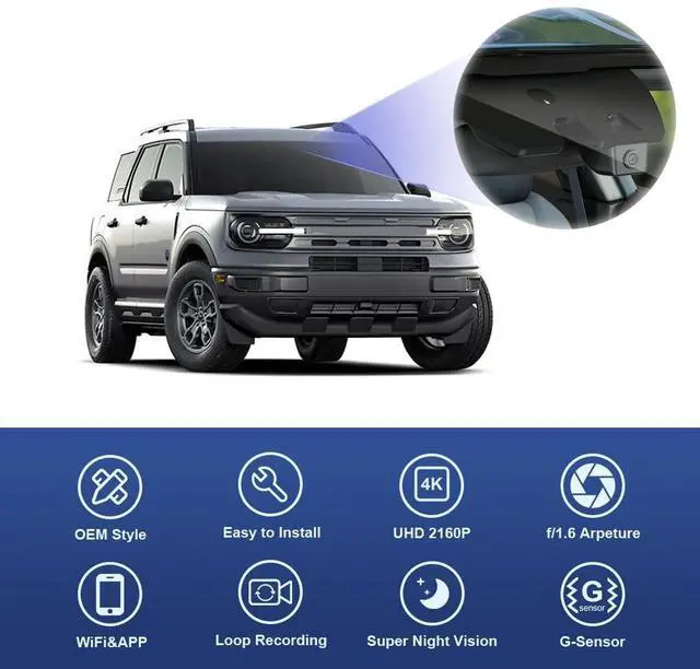 Alt view image 4 of 6 - 4K Dash Cam Suitable for Ford Bronco Sport 2021-2025 (HD2-D5500), 5 Pin Plug, OEM Factory Look, UHD 2160P Video, Built-in WiFi & APP, Loop Recording G-Sensor, Plug & Play, 64GB Card