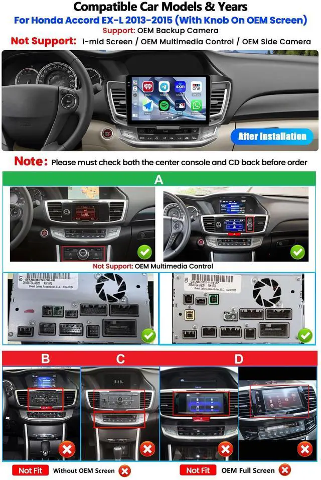 Alt view image 2 of 7 - 4G+64G Car Radio for Honda Accord 9th EX-L 2013 2014 2015 with Wireless CarPlay Android Auto, 10" 1280*720 Touchscreen Radio Android 15 Car Stereo Bluetooth 5.0 32EQ WiFi GPS RDS FM HD Backup Camera