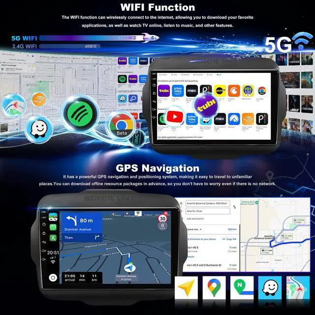 Alt view image 3 of 7 - 5GWiFi Upgrade Car Radio for Jeep Renegade 2015 2016 2017 2018 2019 2020 2021 2022 2023, 9inch Touch Screen Car Stereo receivers Wireless Carplay Android Auto GPS Navigation Bluetooth FM Backup