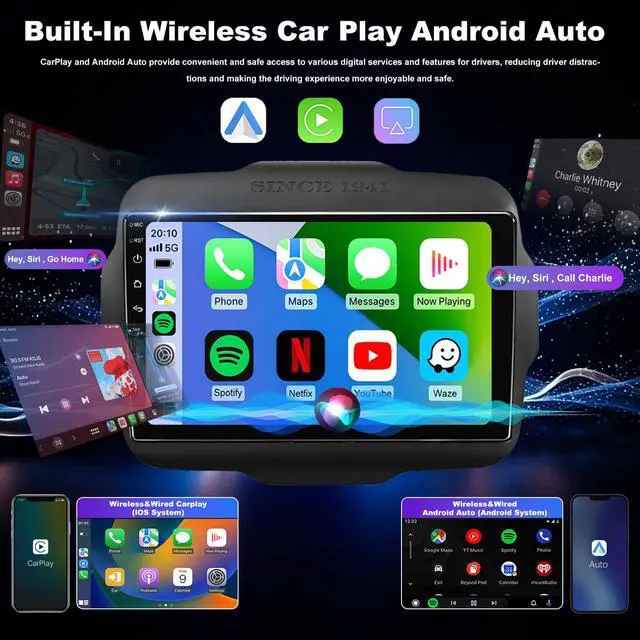Alt view image 2 of 7 - 5GWiFi Upgrade Car Radio for Jeep Renegade 2015 2016 2017 2018 2019 2020 2021 2022 2023, 9inch Touch Screen Car Stereo receivers Wireless Carplay Android Auto GPS Navigation Bluetooth FM Backup