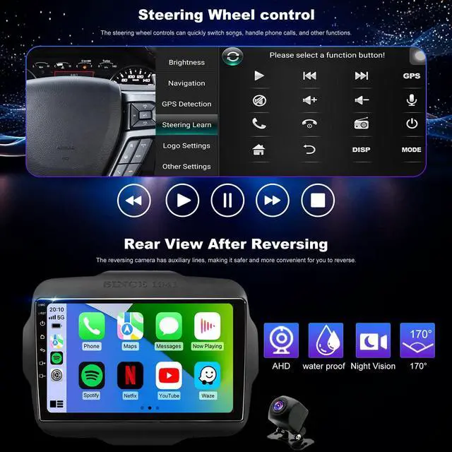 Alt view image 5 of 7 - 5GWiFi Upgrade Car Radio for Jeep Renegade 2015 2016 2017 2018 2019 2020 2021 2022 2023, 9inch Touch Screen Car Stereo receivers Wireless Carplay Android Auto GPS Navigation Bluetooth FM Backup