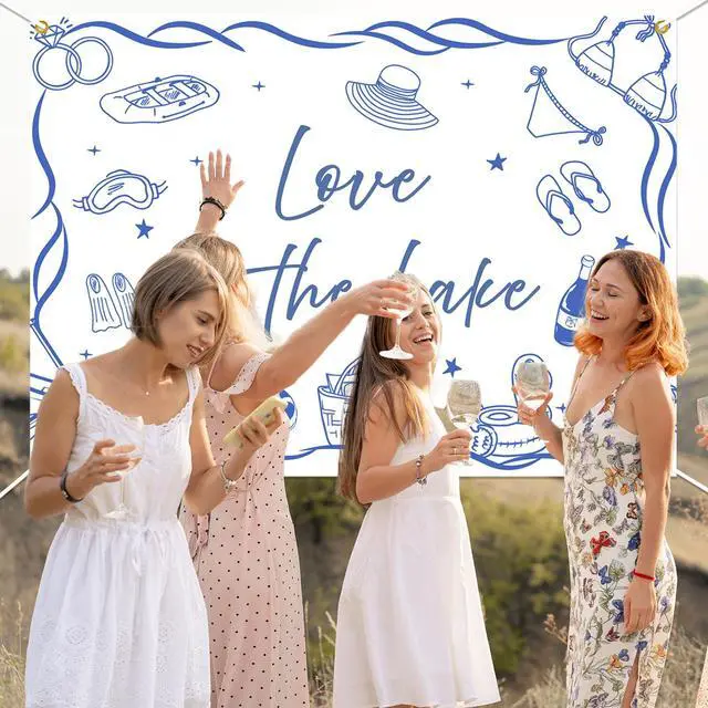 Alt view image 6 of 6 - Love on The Lake Backdrop - Camping Bachelorette Party Decorations, Lake Bach Party Decorations, Camping Bachelorette Weekend Photo Props, 7 * 5Ft