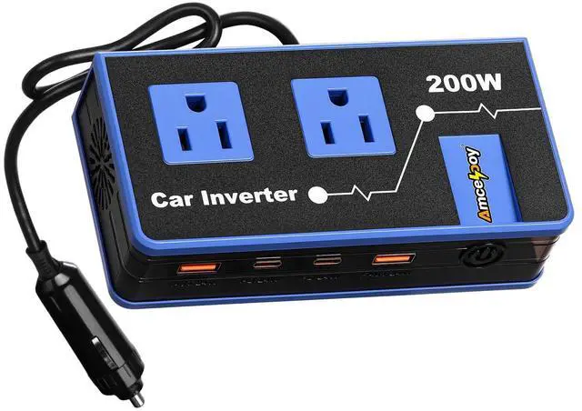 Main image of 200W Car Power Inverter, Dual DC 12V to 110V AC Car Outlet Adapter to Wall Plug, Fast Charging 24W USB-C & USB Ports, Portable Charger Converter with for Laptops, Phones(Blue)