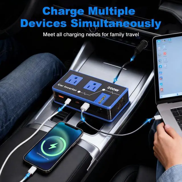 Alt view image 2 of 7 - 200W Car Power Inverter, Dual DC 12V to 110V AC Car Outlet Adapter to Wall Plug, Fast Charging 24W USB-C & USB Ports, Portable Charger Converter with for Laptops, Phones(Blue)