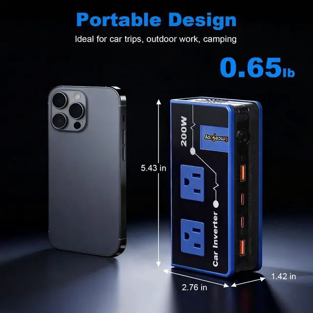 Alt view image 3 of 7 - 200W Car Power Inverter, Dual DC 12V to 110V AC Car Outlet Adapter to Wall Plug, Fast Charging 24W USB-C & USB Ports, Portable Charger Converter with for Laptops, Phones(Blue)