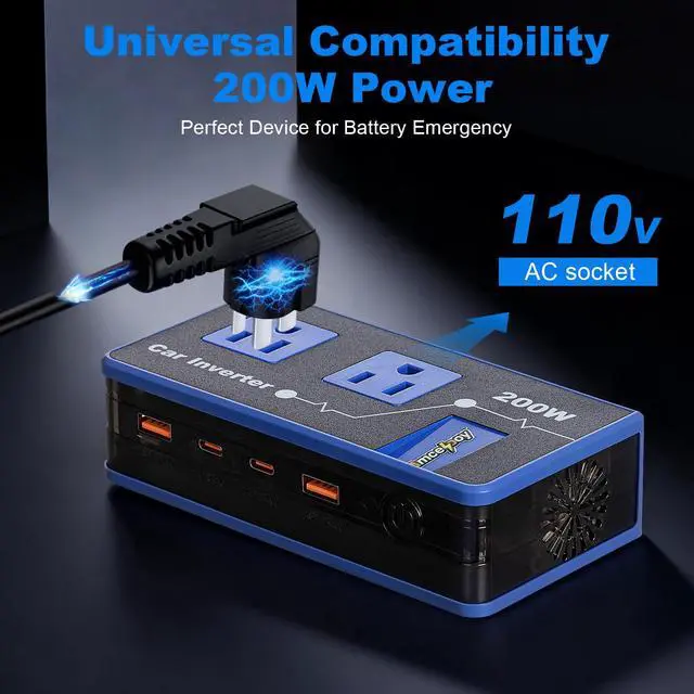 Alt view image 4 of 7 - 200W Car Power Inverter, Dual DC 12V to 110V AC Car Outlet Adapter to Wall Plug, Fast Charging 24W USB-C & USB Ports, Portable Charger Converter with for Laptops, Phones(Blue)