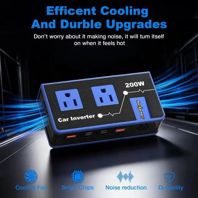 Alt view image 6 of 7 - 200W Car Power Inverter, Dual DC 12V to 110V AC Car Outlet Adapter to Wall Plug, Fast Charging 24W USB-C & USB Ports, Portable Charger Converter with for Laptops, Phones(Blue)