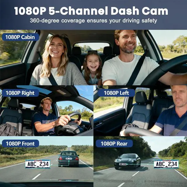 Alt view image 2 of 7 - 5 Channel 1080P*5 Dash Cam Front Rear Left Right Cabin with OBD2 Power Cable, 360° Coverage Dash Camera for Cars with 128GB SD Card, 5G WiFi & App Control, G-Sensor, 24H Parking Mode, Loop Recording