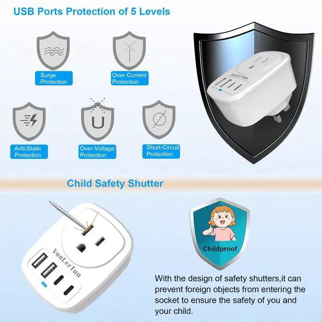 Alt view image 6 of 7 - Type G Adapter for Travel US to UK Plug Adapter Outlet Converter with Multi USB Port, Electrical Outlet Power Adapter for Ireland Scotland Dubai England Hongkong Travel Cruise Essential