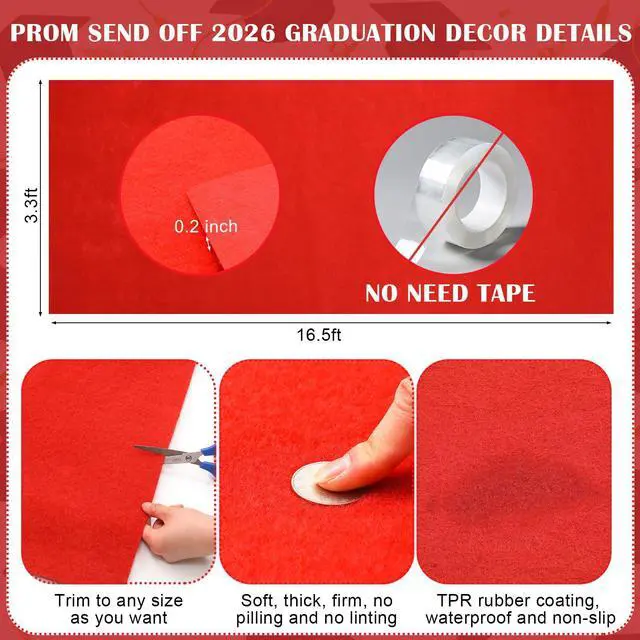 Alt view image 3 of 7 - 4 Set Prom Send Off 2026 with Carpet Runner Stainless Steel Stanchion 7 x 5 ft Class of 2026 Prom Background 3.3 x 16.5 ft Carpet Runner Velvet Ropes for Graduation Party Decoration(Red)