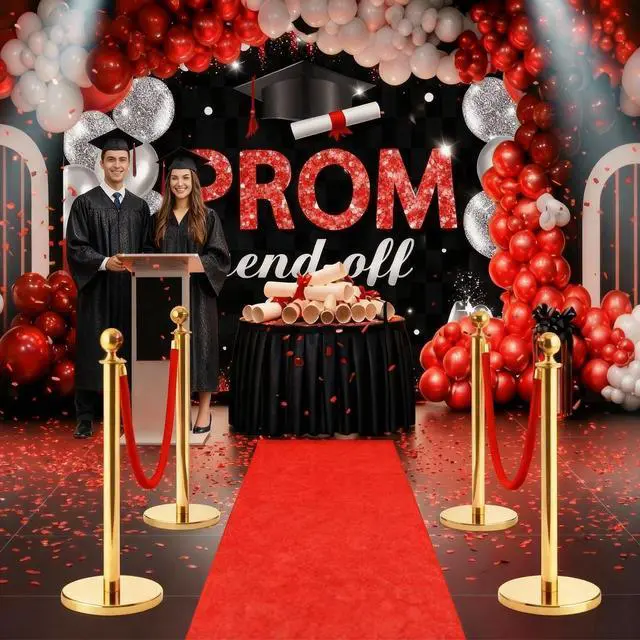 Alt view image 7 of 7 - 4 Set Prom Send Off 2026 with Carpet Runner Stainless Steel Stanchion 7 x 5 ft Class of 2026 Prom Background 3.3 x 16.5 ft Carpet Runner Velvet Ropes for Graduation Party Decoration(Red)