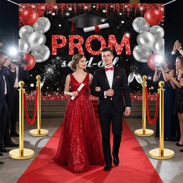Alt view image 6 of 7 - 4 Set Prom Send Off 2026 with Carpet Runner Stainless Steel Stanchion 7 x 5 ft Class of 2026 Prom Background 3.3 x 16.5 ft Carpet Runner Velvet Ropes for Graduation Party Decoration(Red)