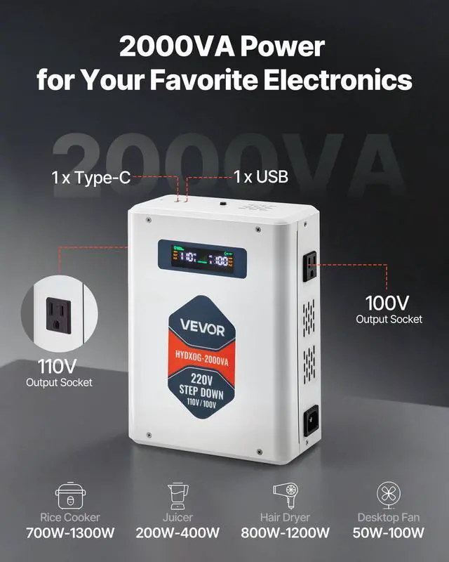 Alt view image 2 of 7 - Step Down Voltage Converter, 2000VA, Heavy Duty Voltage Power Converter, 220V to 110V Power Transformer, with 2 US Outlets, USB Output, LCD Display, Temperature Protection, for 110V Appliances
