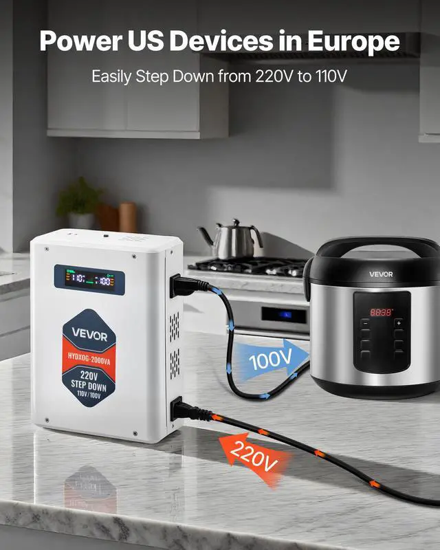 Alt view image 3 of 7 - Step Down Voltage Converter, 2000VA, Heavy Duty Voltage Power Converter, 220V to 110V Power Transformer, with 2 US Outlets, USB Output, LCD Display, Temperature Protection, for 110V Appliances