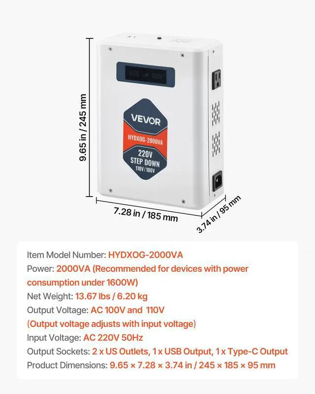 Alt view image 7 of 7 - Step Down Voltage Converter, 2000VA, Heavy Duty Voltage Power Converter, 220V to 110V Power Transformer, with 2 US Outlets, USB Output, LCD Display, Temperature Protection, for 110V Appliances