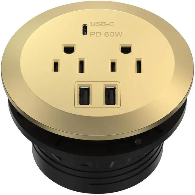 Main image of GaN Desk Grommet with 65W PD for MacBook, Desktop Power Grommet with 1 Fast Charging USB-C Port, 2 USB-A Ports and Duplex Receptacles, TTRP48APD60-GD, Gold