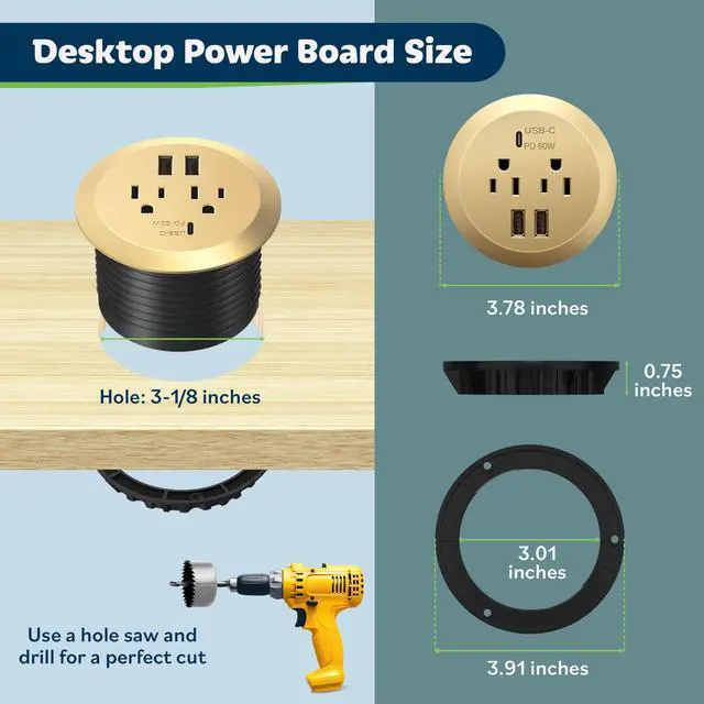 Alt view image 2 of 7 - GaN Desk Grommet with 65W PD for MacBook, Desktop Power Grommet with 1 Fast Charging USB-C Port, 2 USB-A Ports and Duplex Receptacles, TTRP48APD60-GD, Gold