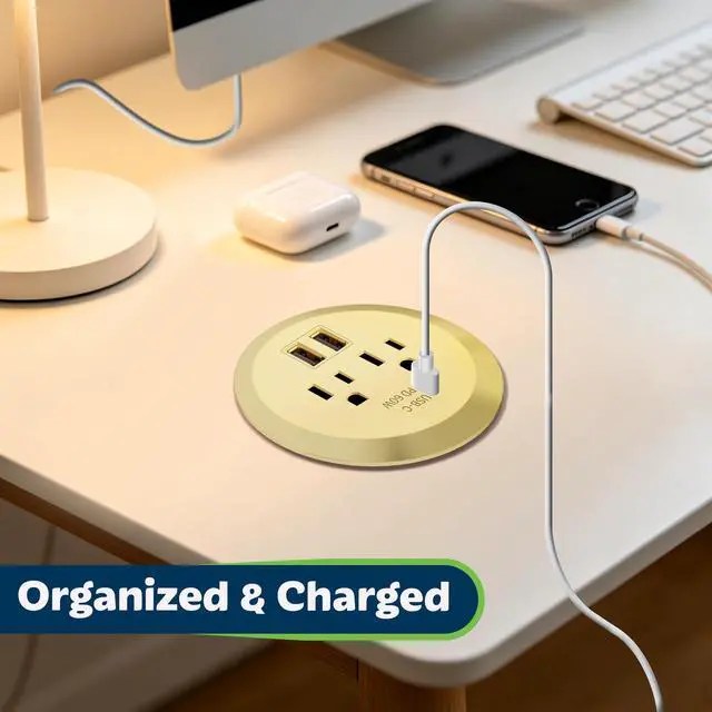 Alt view image 3 of 7 - GaN Desk Grommet with 65W PD for MacBook, Desktop Power Grommet with 1 Fast Charging USB-C Port, 2 USB-A Ports and Duplex Receptacles, TTRP48APD60-GD, Gold