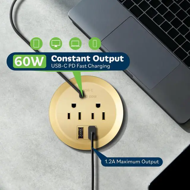 Alt view image 4 of 7 - GaN Desk Grommet with 65W PD for MacBook, Desktop Power Grommet with 1 Fast Charging USB-C Port, 2 USB-A Ports and Duplex Receptacles, TTRP48APD60-GD, Gold