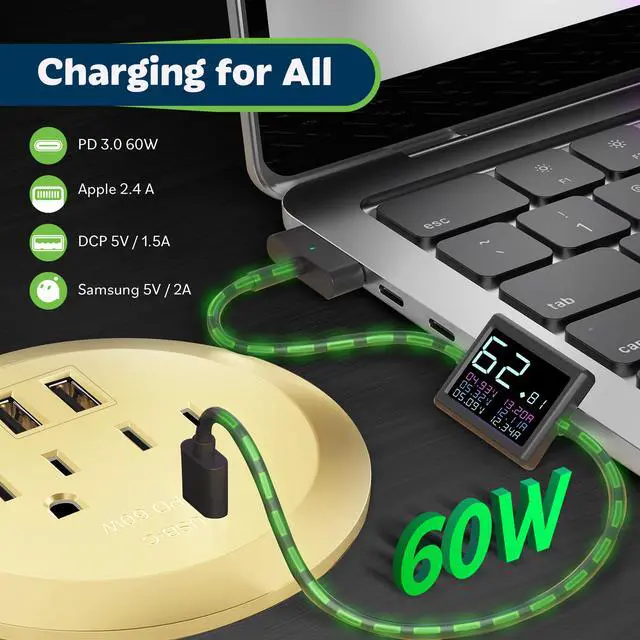 Alt view image 5 of 7 - GaN Desk Grommet with 65W PD for MacBook, Desktop Power Grommet with 1 Fast Charging USB-C Port, 2 USB-A Ports and Duplex Receptacles, TTRP48APD60-GD, Gold