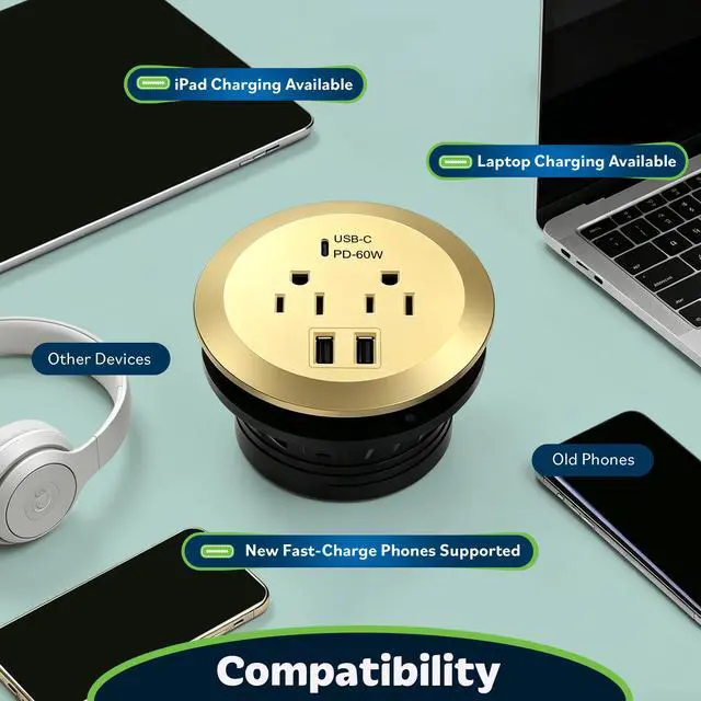 Alt view image 6 of 7 - GaN Desk Grommet with 65W PD for MacBook, Desktop Power Grommet with 1 Fast Charging USB-C Port, 2 USB-A Ports and Duplex Receptacles, TTRP48APD60-GD, Gold