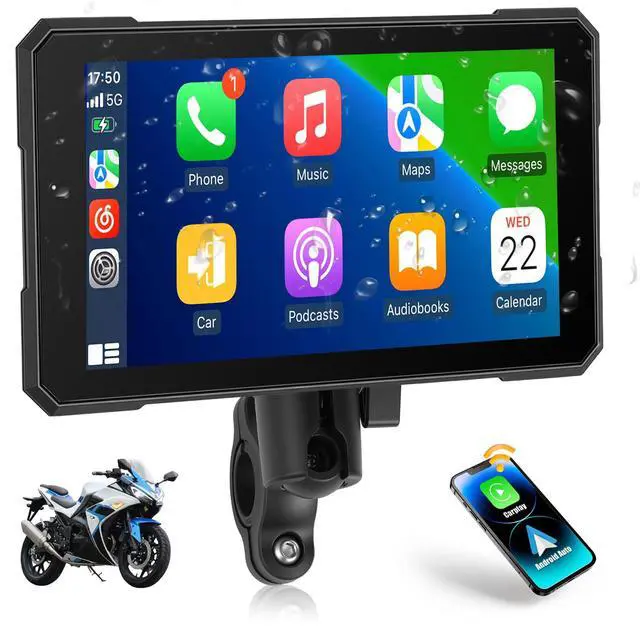Main image of 5 Inch Motorcycle CarPlay GPS Navigation System with Wireless CarPlay Android Auto, IP67 Waterproof Touch Screen Car Play Moto with Bluetooth, Siri, Google Assistant, Bracket