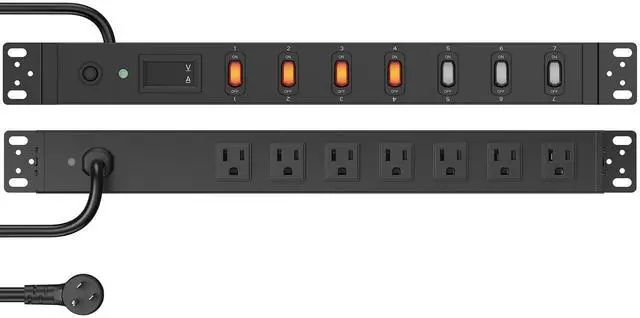 Main image of 7 Outlet PDU Power Strip with Digital Display, 1U, Black, 6FT, 1 | 19inch Metal Mountable Outlet Strip with Individual Switch, for Network, Server, Audio Equipment Racks, 1200J