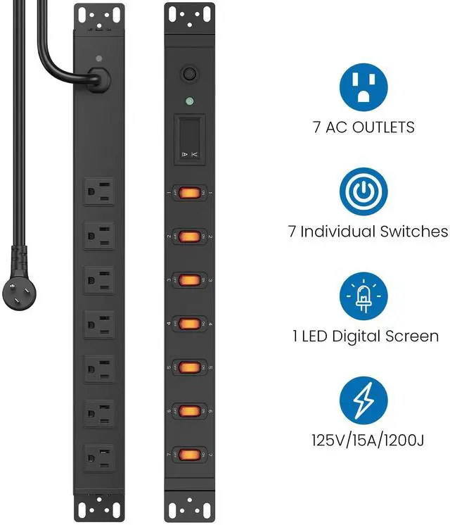 Alt view image 2 of 7 - 7 Outlet PDU Power Strip with Digital Display, 1U, Black, 6FT, 1 | 19inch Metal Mountable Outlet Strip with Individual Switch, for Network, Server, Audio Equipment Racks, 1200J