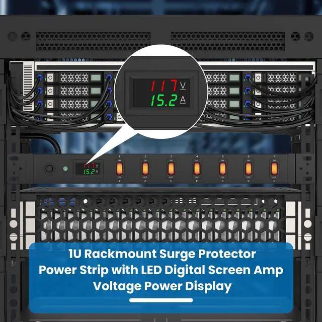 Alt view image 3 of 7 - 7 Outlet PDU Power Strip with Digital Display, 1U, Black, 6FT, 1 | 19inch Metal Mountable Outlet Strip with Individual Switch, for Network, Server, Audio Equipment Racks, 1200J