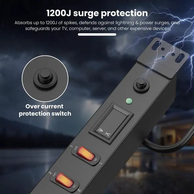 Alt view image 4 of 7 - 7 Outlet PDU Power Strip with Digital Display, 1U, Black, 6FT, 1 | 19inch Metal Mountable Outlet Strip with Individual Switch, for Network, Server, Audio Equipment Racks, 1200J