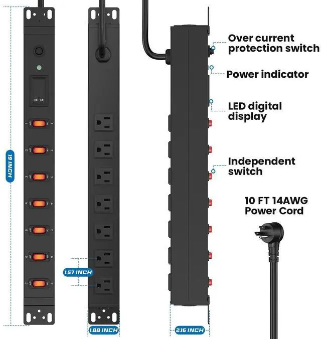 Alt view image 7 of 7 - 7 Outlet PDU Power Strip with Digital Display, 1U, Black, 6FT, 1 | 19inch Metal Mountable Outlet Strip with Individual Switch, for Network, Server, Audio Equipment Racks, 1200J