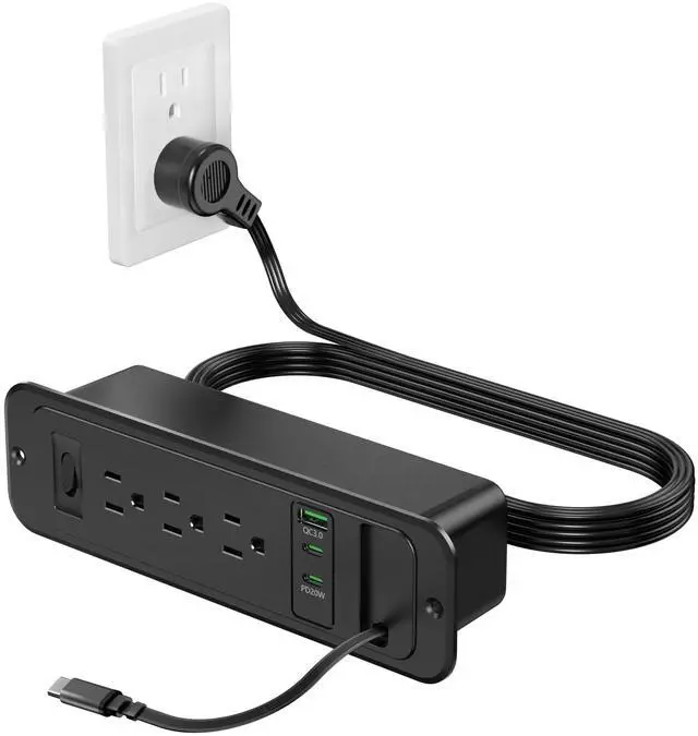 Main image of Recessed Power Strip with Retractable USB C Cable,2 PD 20W USB C,Flush Mount Countertop Drawer Outlet, Furniture Hidden Outlet for Side Table,End Table,3 Outlets (Black, 6FT-20W USB)
