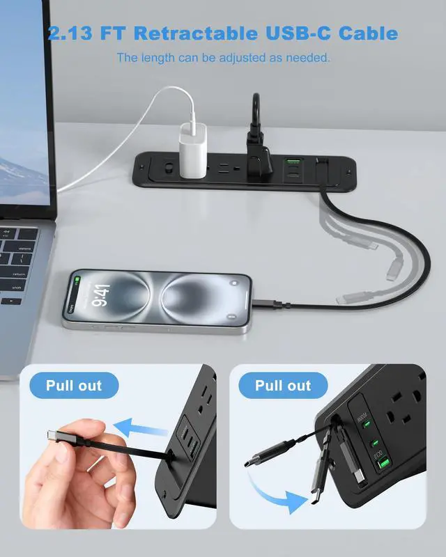 Alt view image 2 of 7 - Recessed Power Strip with Retractable USB C Cable,2 PD 20W USB C,Flush Mount Countertop Drawer Outlet, Furniture Hidden Outlet for Side Table,End Table,3 Outlets (Black, 6FT-20W USB)